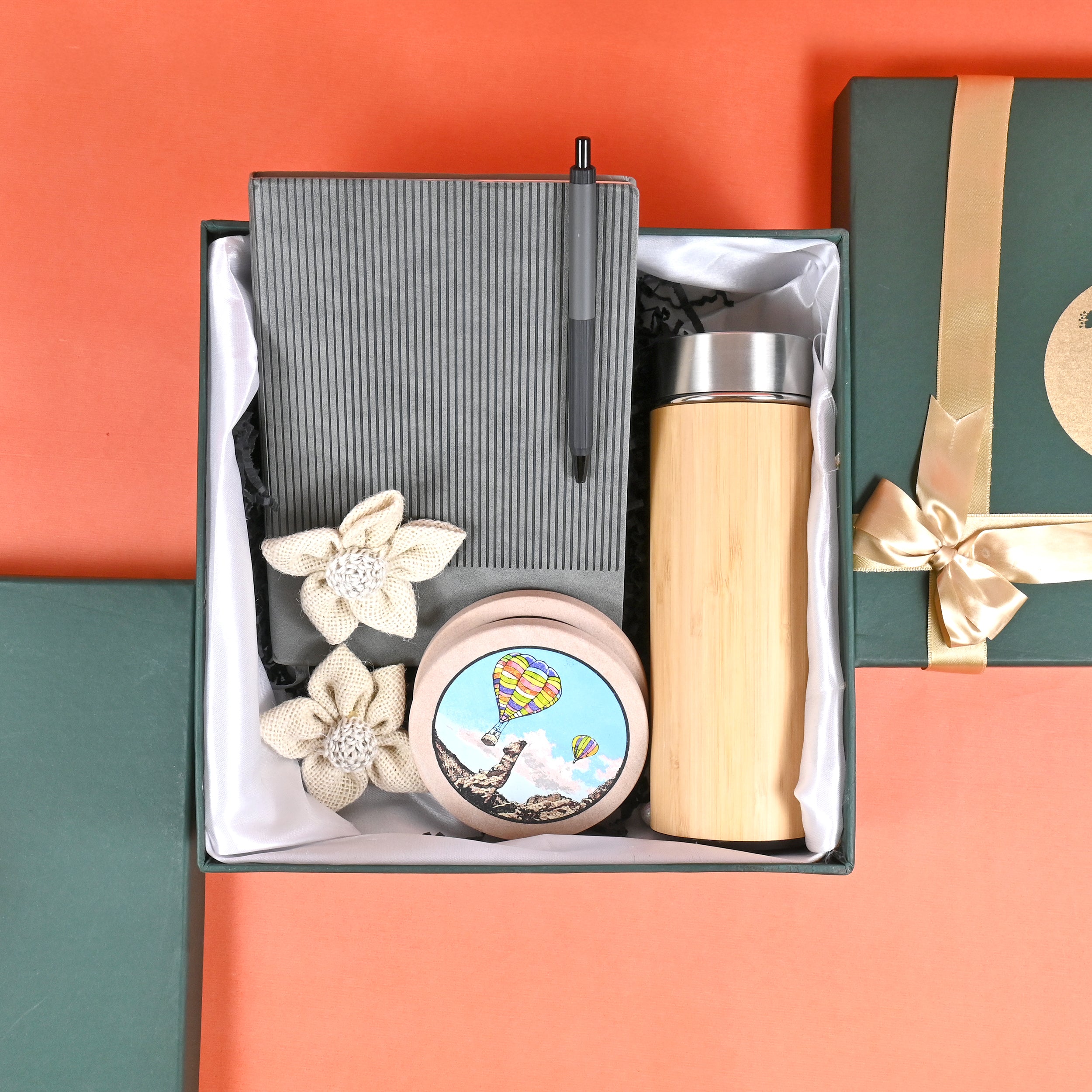 Riwaz Celebration Premium Luxury Gift Hamper | Bamboo Bottle, Grey Ribbed Notebook, Elegant Pen, Marble Artistic Coasters & Jute Flowers