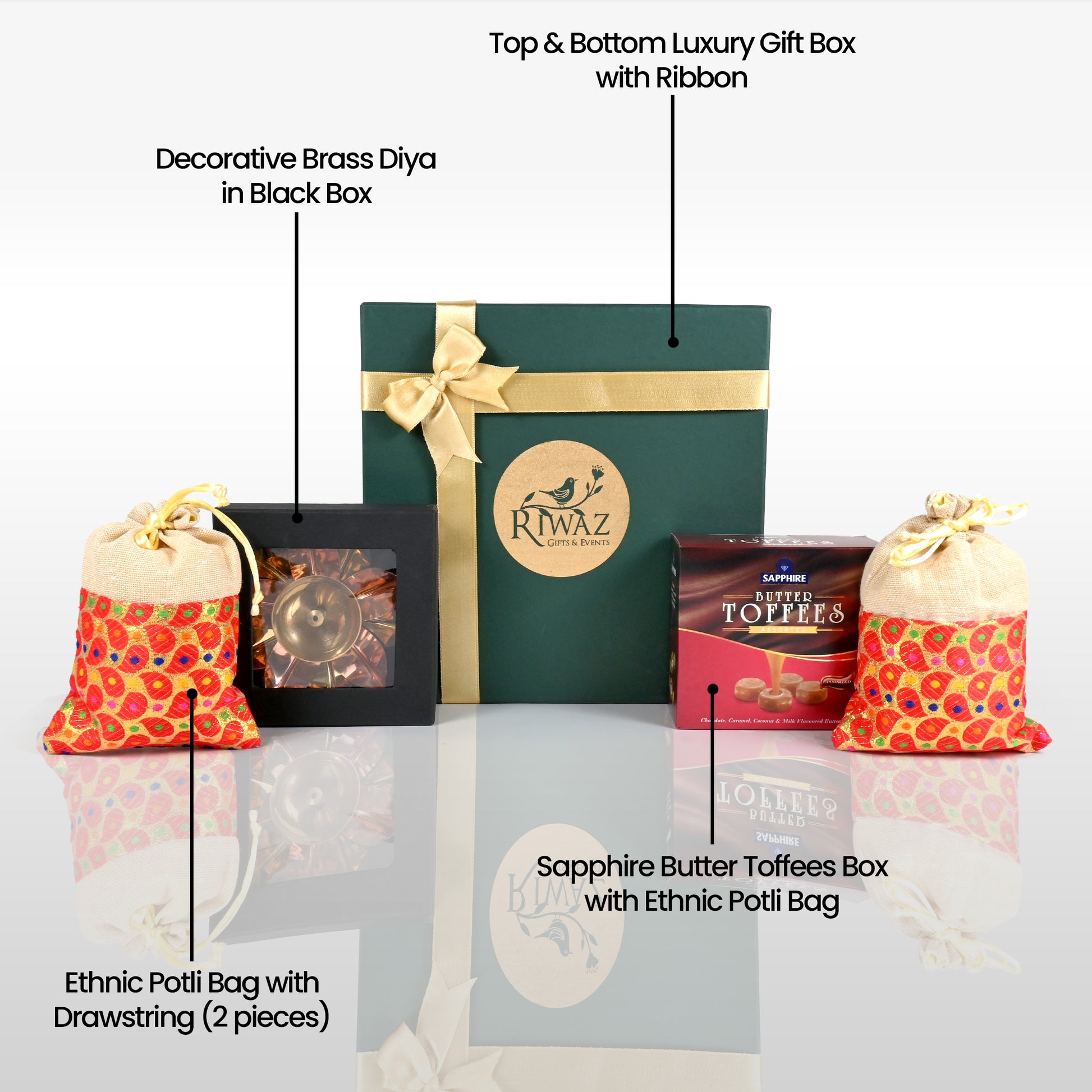 Riwaz Celebration Traditional Gift Hamper | Sapphire Butter Toffees, Ethnic Potli Bags & Brass Diya in Keepsake Box | Luxurious Festive Gift for Diwali, Rakhi, Wedding, Return Gifts & Family Celebrations