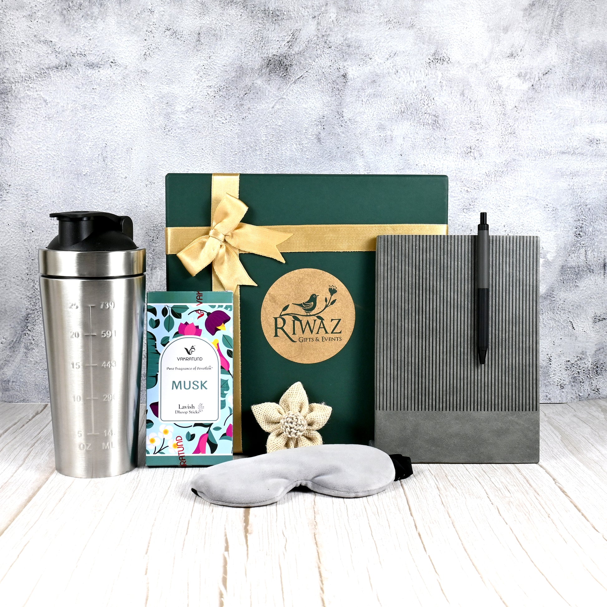 Riwaz Celebration Premium Wellness Gift Hamper | Luxury Gifting Box with Steel Shaker, Musk Dhoop Sticks, Eye Mask & Diary Pen | Perfect for Birthdays, Corporate Events, Rakhi & Diwali