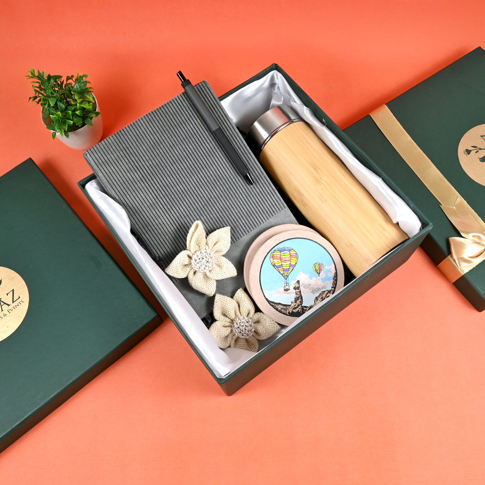 Riwaz Celebration Premium Luxury Gift Hamper | Bamboo Bottle, Grey Ribbed Notebook, Elegant Pen, Marble Artistic Coasters & Jute Flowers | Thoughtful Gift Box for Rakhi, Birthdays, Corporate & Festive Occasions