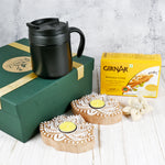 Riwaz Celebration Premium Tea Gift Hamper | Masala Chai, Black Ceramic Mug with Lid, Hand-Painted Tealight Holder & Decorative Flower