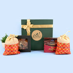 Riwaz Celebration Traditional Gift Hamper | Sapphire Butter Toffees, Ethnic Potli Bags & Brass Diya in Keepsake Box