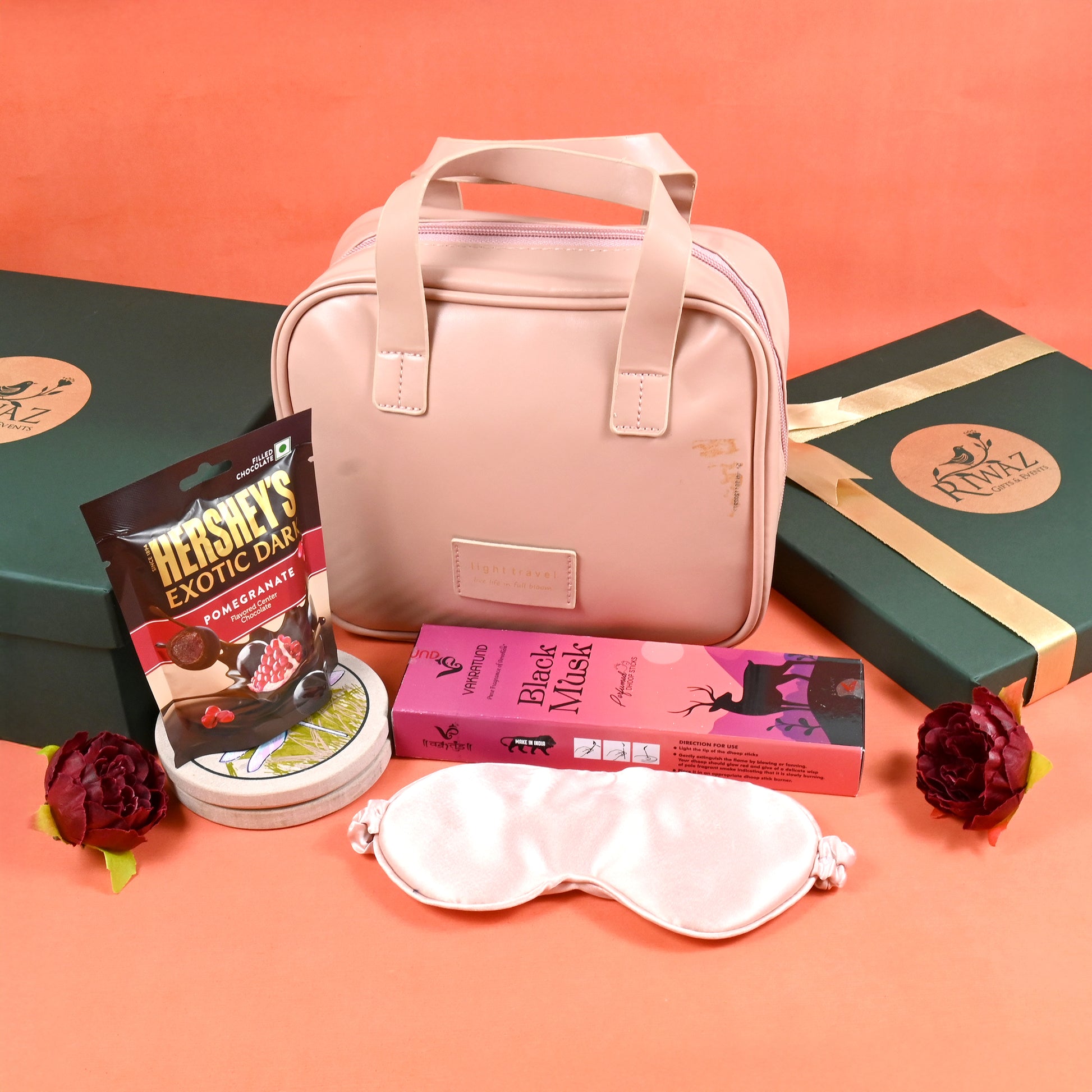 Riwaz Celebration Premium Gift Hamper for Women | Luxe Wellness & Pamper Box with Cosmetic Pouch, Gourmet Chocolate, Silk Eye Mask & Black Musk Dhoop Sticks | Perfect for Wedding, Birthday, Rakhi, Cooperate, Diwali & Festive Gifting