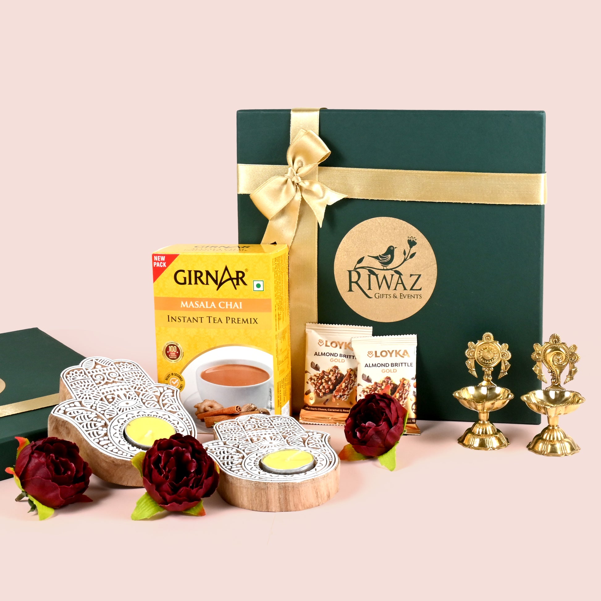 Riwaz Celebration Luxury Festive Gift Hamper | Instant Tea Premix, Almond Brittle, Brass Shankh Chakra Diya, Tealight Holders & Rose Decor | Exquisite Diwali Gift Box for Family, Friends & Corporate Gifting