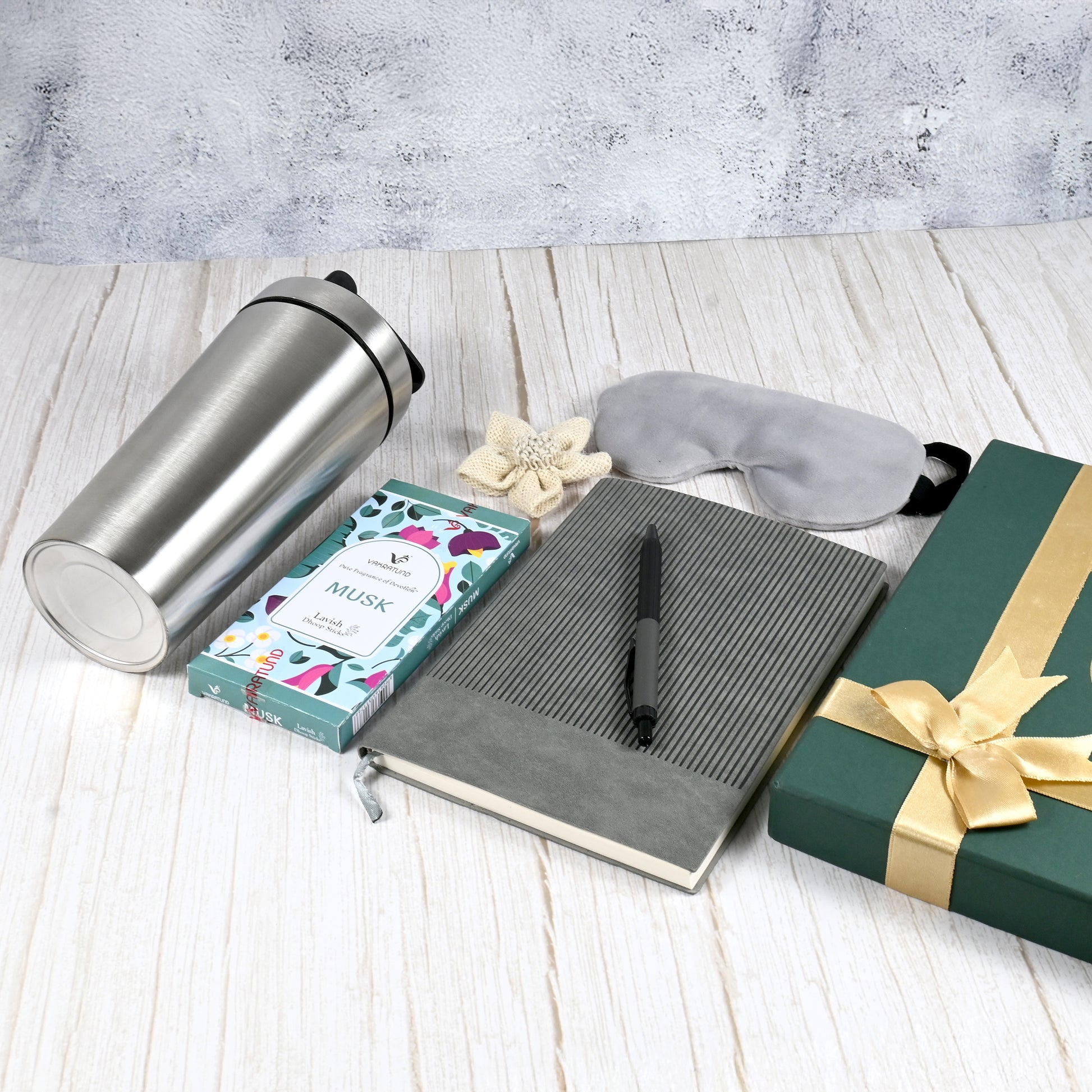 Riwaz Celebration Premium Wellness Gift Hamper | Luxury Gifting Box with Steel Shaker, Musk Dhoop Sticks, Eye Mask & Diary Pen | Perfect for Birthdays, Corporate Events, Rakhi & Diwali