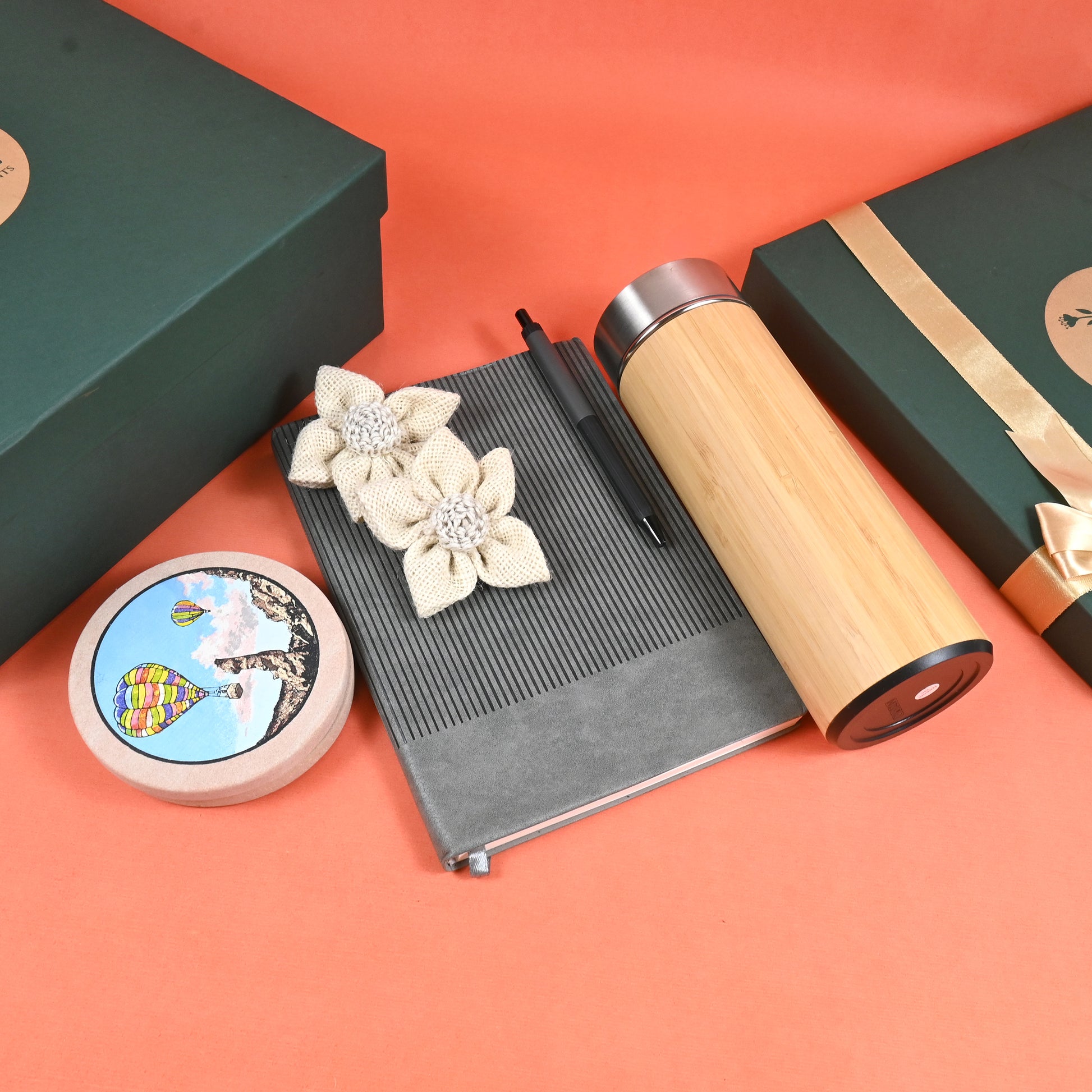 Riwaz Celebration Premium Luxury Gift Hamper | Bamboo Bottle, Grey Ribbed Notebook, Elegant Pen, Marble Artistic Coasters & Jute Flowers | Thoughtful Gift Box for Rakhi, Birthdays, Corporate & Festive Occasions