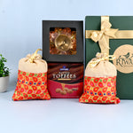 Riwaz Celebration Traditional Gift Hamper | Sapphire Butter Toffees, Ethnic Potli Bags & Brass Diya in Keepsake Box