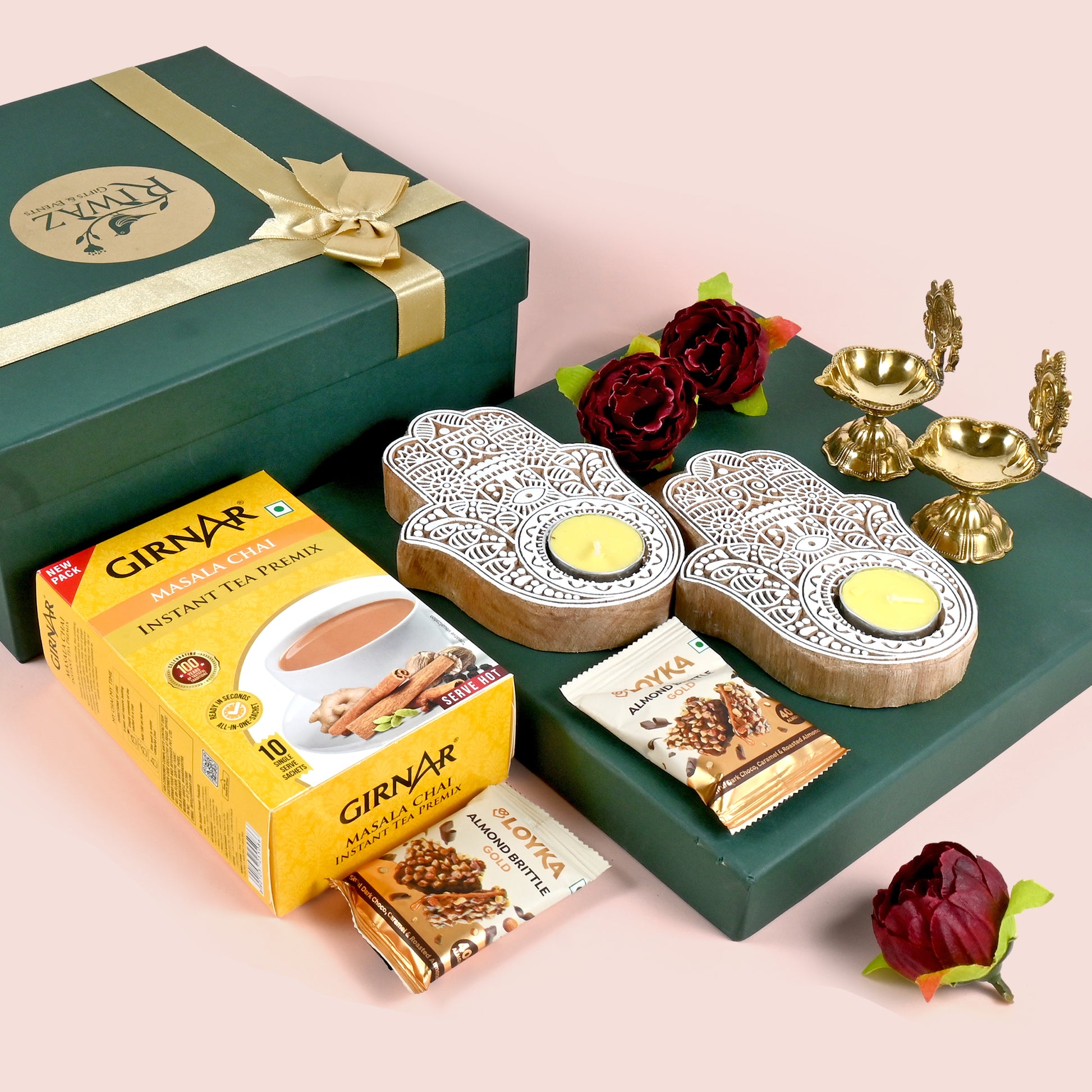 Riwaz Celebration Luxury Festive Gift Hamper | Instant Tea Premix, Almond Brittle, Brass Shankh Chakra Diya, Tealight Holders & Rose Decor | Exquisite Diwali Gift Box for Family, Friends & Corporate Gifting
