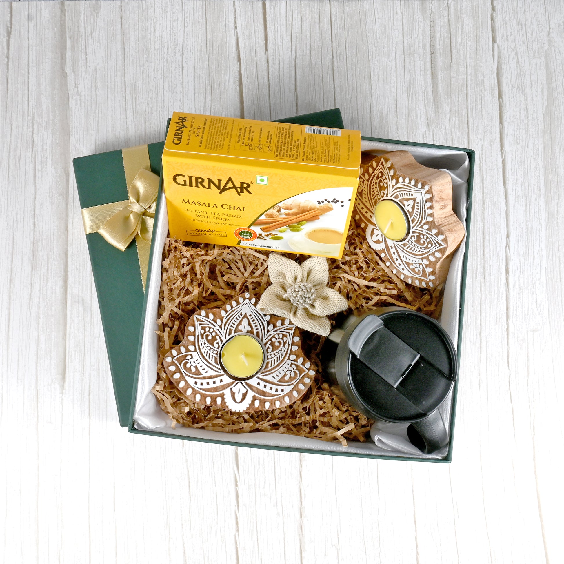 Riwaz Celebration Premium Tea Gift Hamper | Masala Chai, Black Ceramic Mug with Lid, Hand-Painted Tealight Holder & Decorative Flower | Elegant Gift Box for Tea Lovers – Perfect for Diwali, Birthdays & Special Occasions