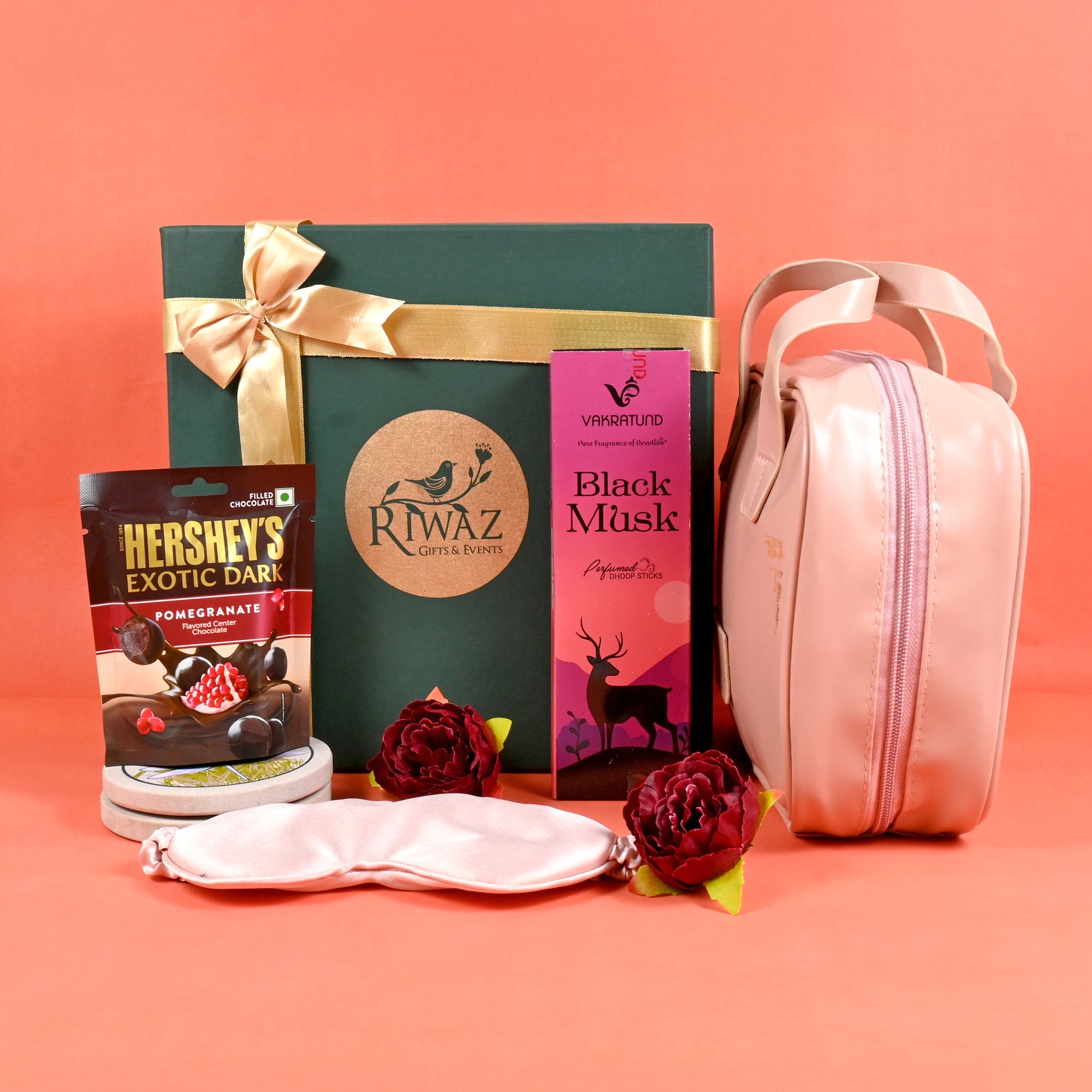 Riwaz Celebration Premium Gift Hamper for Women | Luxe Wellness & Pamper Box with Cosmetic Pouch, Gourmet Chocolate, Silk Eye Mask & Black Musk Dhoop Sticks | Perfect for Wedding, Birthday, Rakhi, Cooperate, Diwali & Festive Gifting