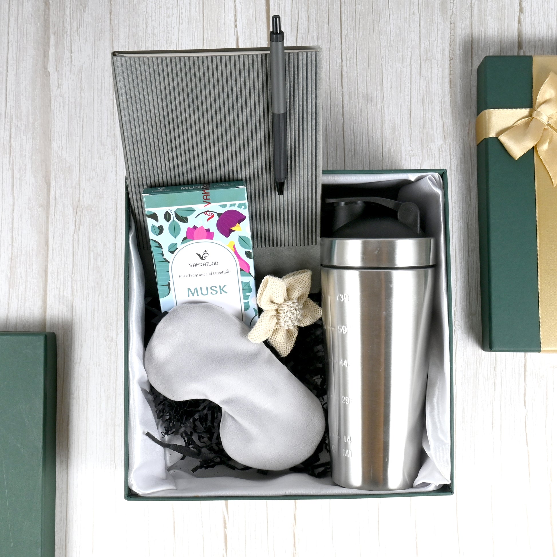 Riwaz Celebration Premium Wellness Gift Hamper | Luxury Gifting Box with Steel Shaker, Musk Dhoop Sticks, Eye Mask & Diary Pen | Perfect for Birthdays, Corporate Events, Rakhi & Diwali
