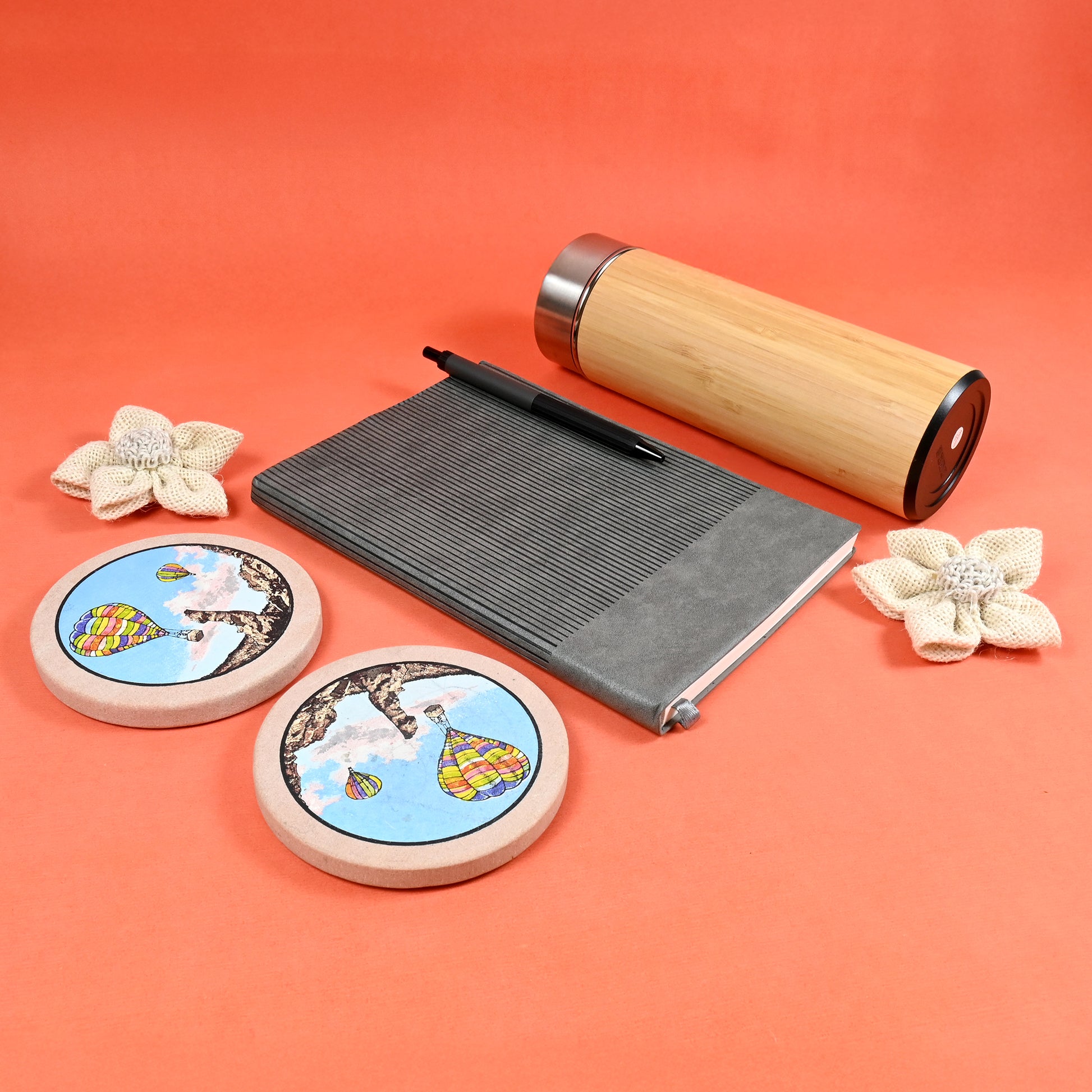 Riwaz Celebration Premium Luxury Gift Hamper | Bamboo Bottle, Grey Ribbed Notebook, Elegant Pen, Marble Artistic Coasters & Jute Flowers | Thoughtful Gift Box for Rakhi, Birthdays, Corporate & Festive Occasions
