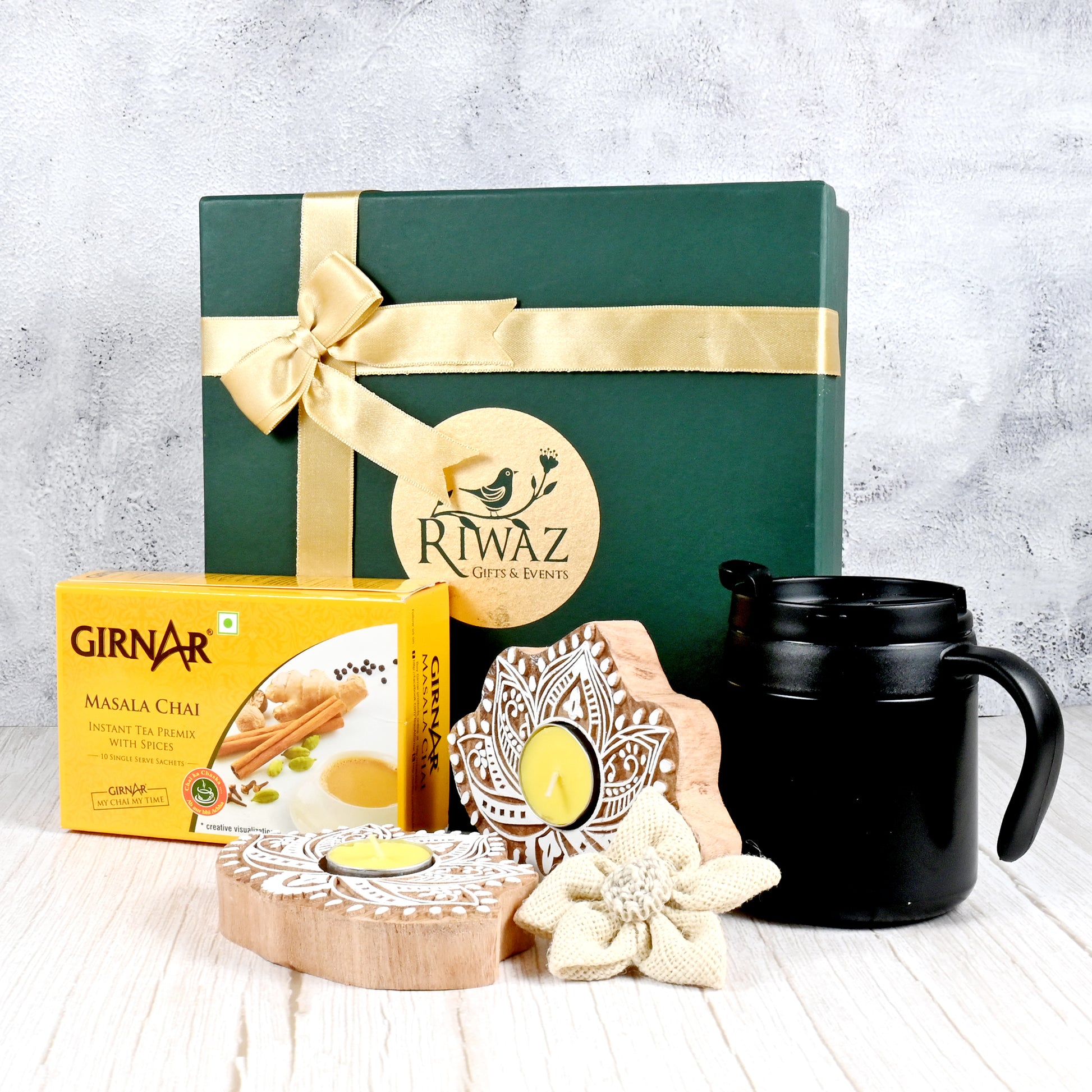 Riwaz Celebration Premium Tea Gift Hamper | Masala Chai, Black Ceramic Mug with Lid, Hand-Painted Tealight Holder & Decorative Flower | Elegant Gift Box for Tea Lovers – Perfect for Diwali, Birthdays & Special Occasions