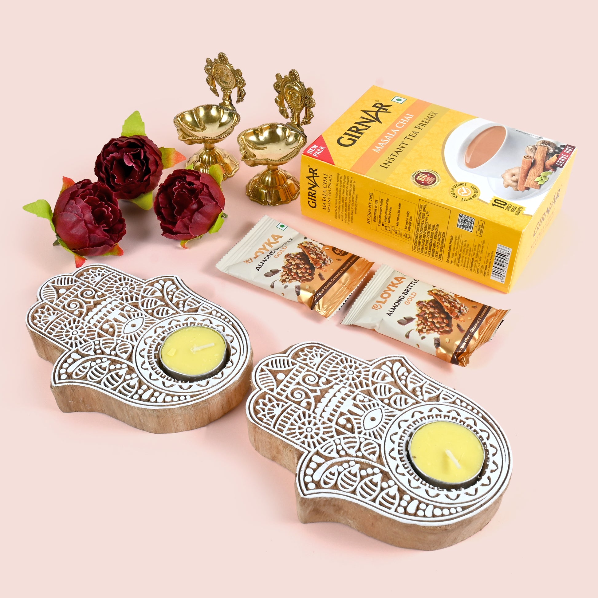 Riwaz Celebration Luxury Festive Gift Hamper | Instant Tea Premix, Almond Brittle, Brass Shankh Chakra Diya, Tealight Holders & Rose Decor | Exquisite Diwali Gift Box for Family, Friends & Corporate Gifting