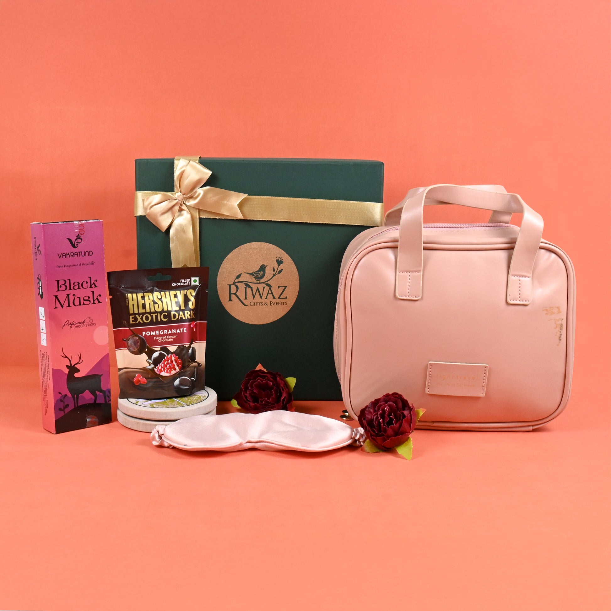 Riwaz Celebration Premium Gift Hamper for Women | Luxe Wellness & Pamper Box with Cosmetic Pouch, Gourmet Chocolate, Silk Eye Mask & Black Musk Dhoop Sticks | Perfect for Wedding, Birthday, Rakhi, Cooperate, Diwali & Festive Gifting
