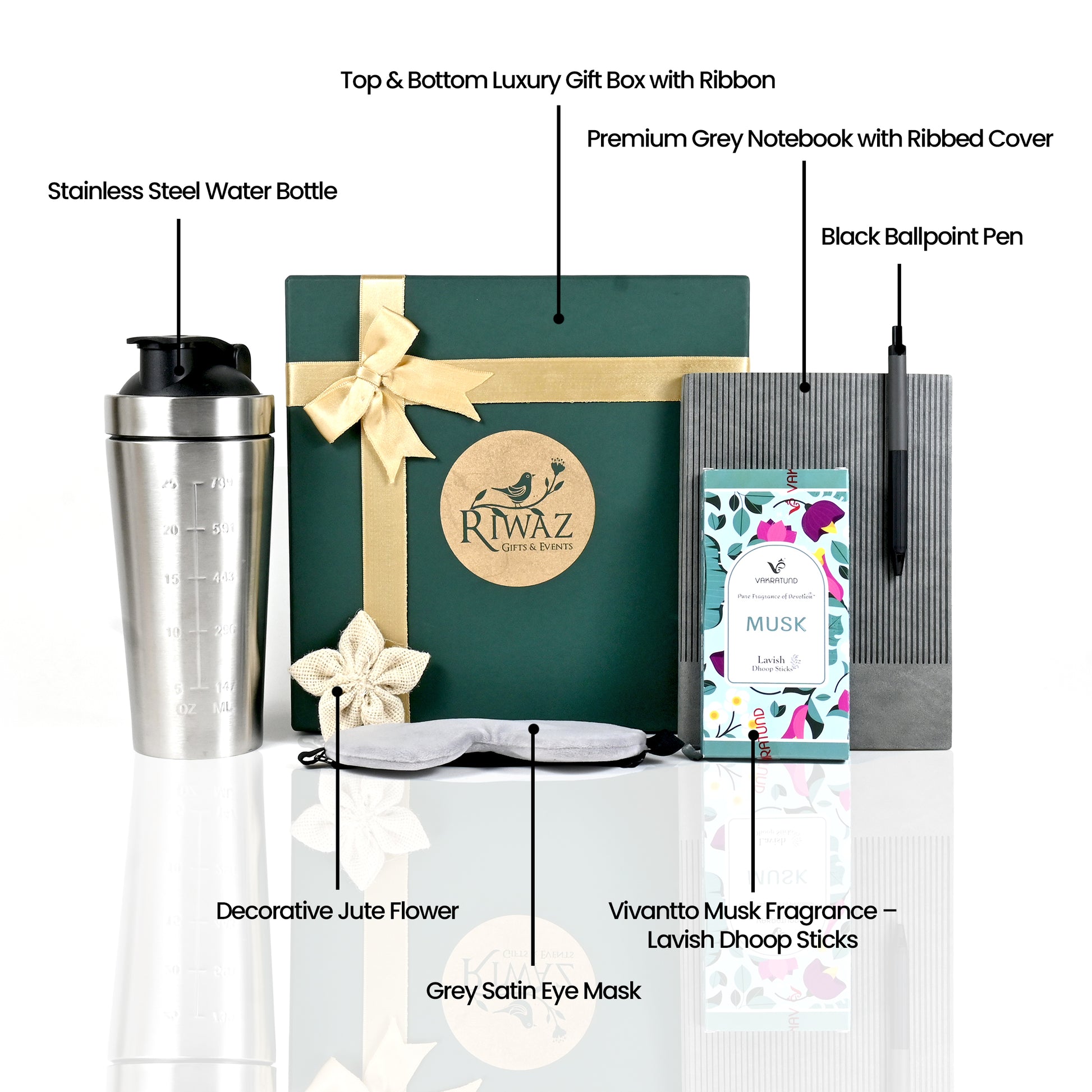Riwaz Celebration Premium Wellness Gift Hamper | Luxury Gifting Box with Steel Shaker, Musk Dhoop Sticks, Eye Mask & Diary Pen | Perfect for Birthdays, Corporate Events, Rakhi & Diwali