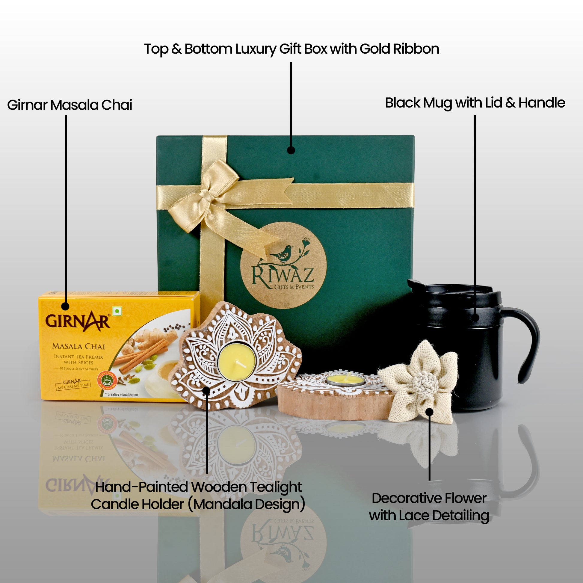Riwaz Celebration Premium Tea Gift Hamper | Masala Chai, Black Ceramic Mug with Lid, Hand-Painted Tealight Holder & Decorative Flower | Elegant Gift Box for Tea Lovers – Perfect for Diwali, Birthdays & Special Occasions