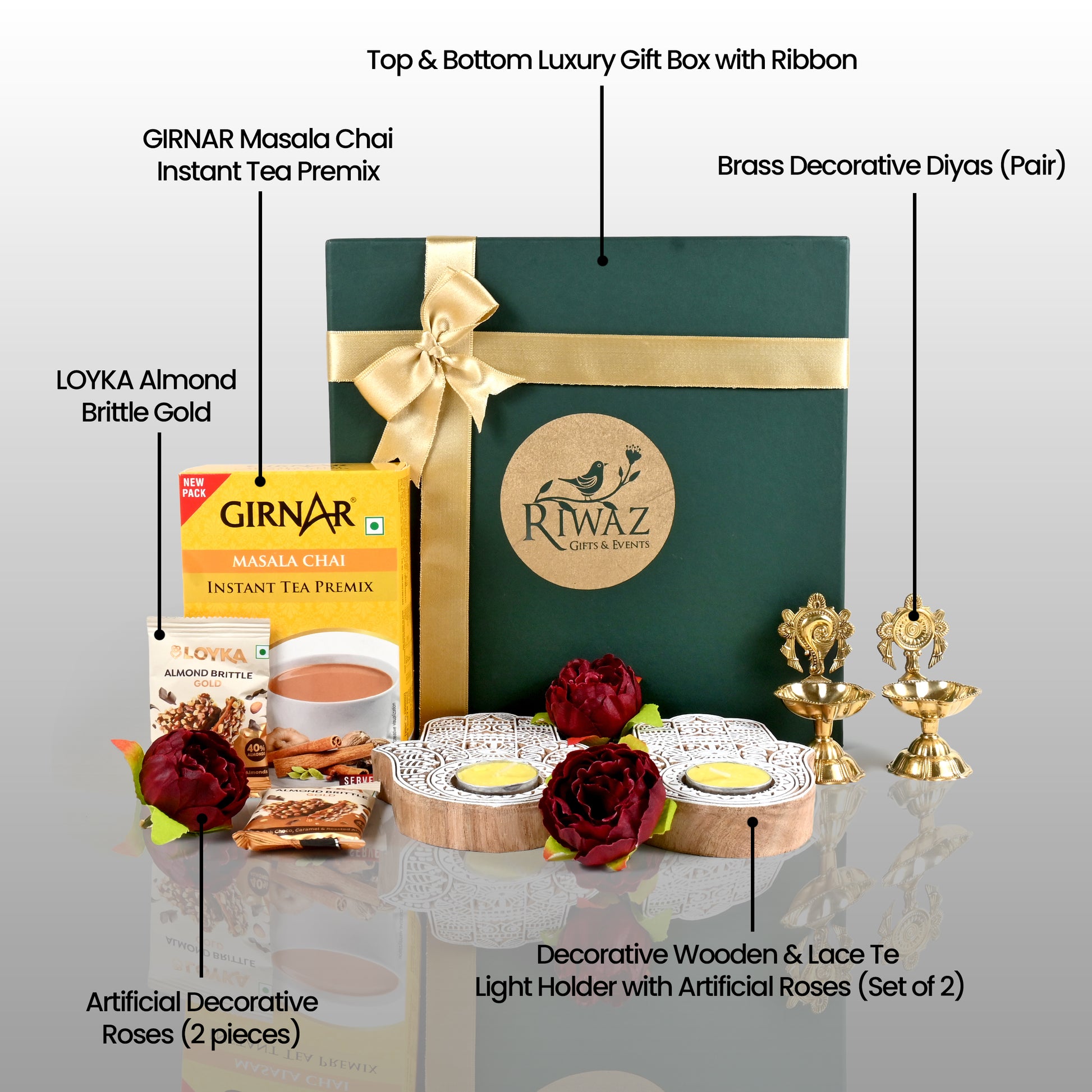 Riwaz Celebration Luxury Festive Gift Hamper | Instant Tea Premix, Almond Brittle, Brass Shankh Chakra Diya, Tealight Holders & Rose Decor | Exquisite Diwali Gift Box for Family, Friends & Corporate Gifting