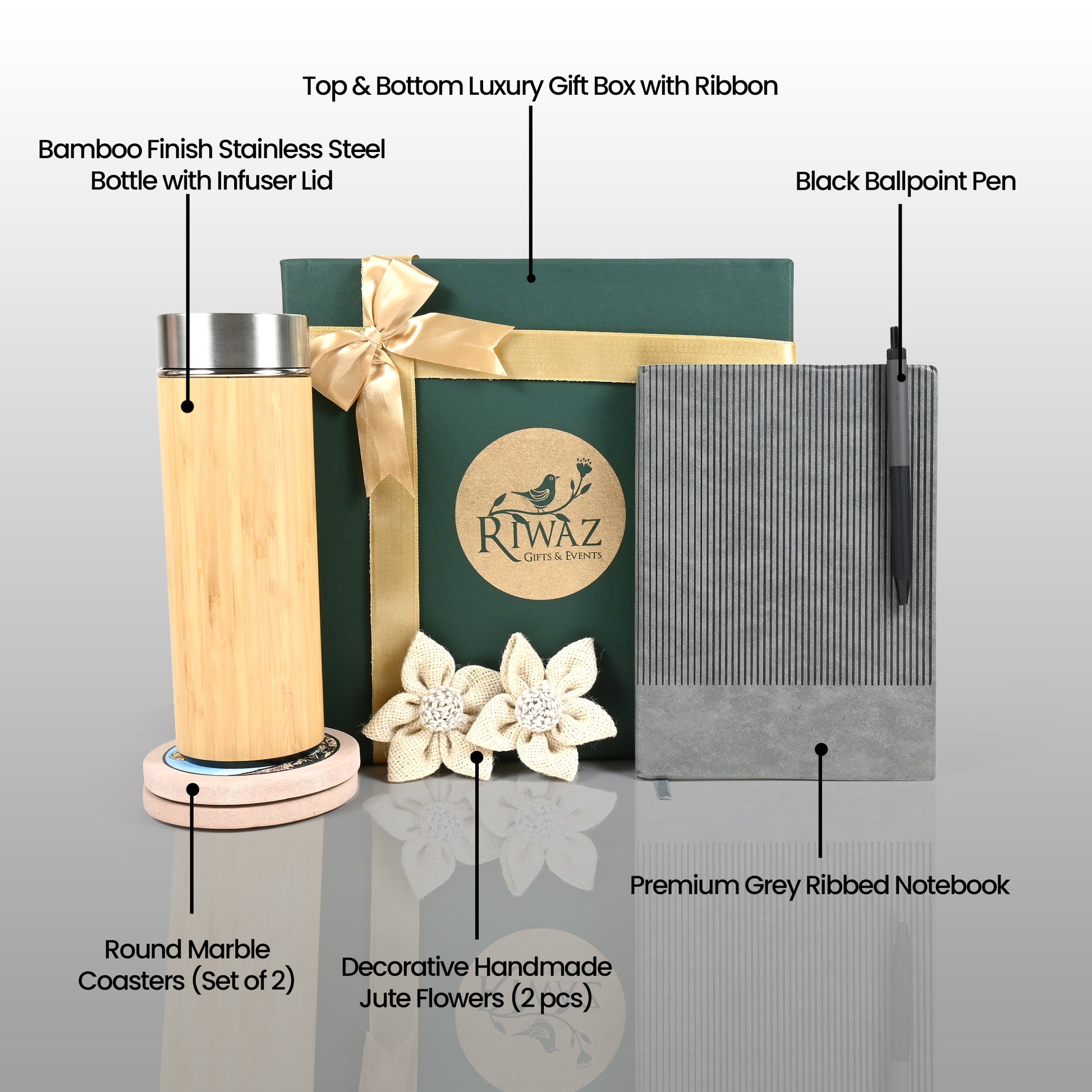 Riwaz Celebration Premium Luxury Gift Hamper | Bamboo Bottle, Grey Ribbed Notebook, Elegant Pen, Marble Artistic Coasters & Jute Flowers | Thoughtful Gift Box for Rakhi, Birthdays, Corporate & Festive Occasions