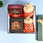 Riwaz Celebration Traditional Gift Hamper | Sapphire Butter Toffees, Ethnic Potli Bags & Brass Diya in Keepsake Box