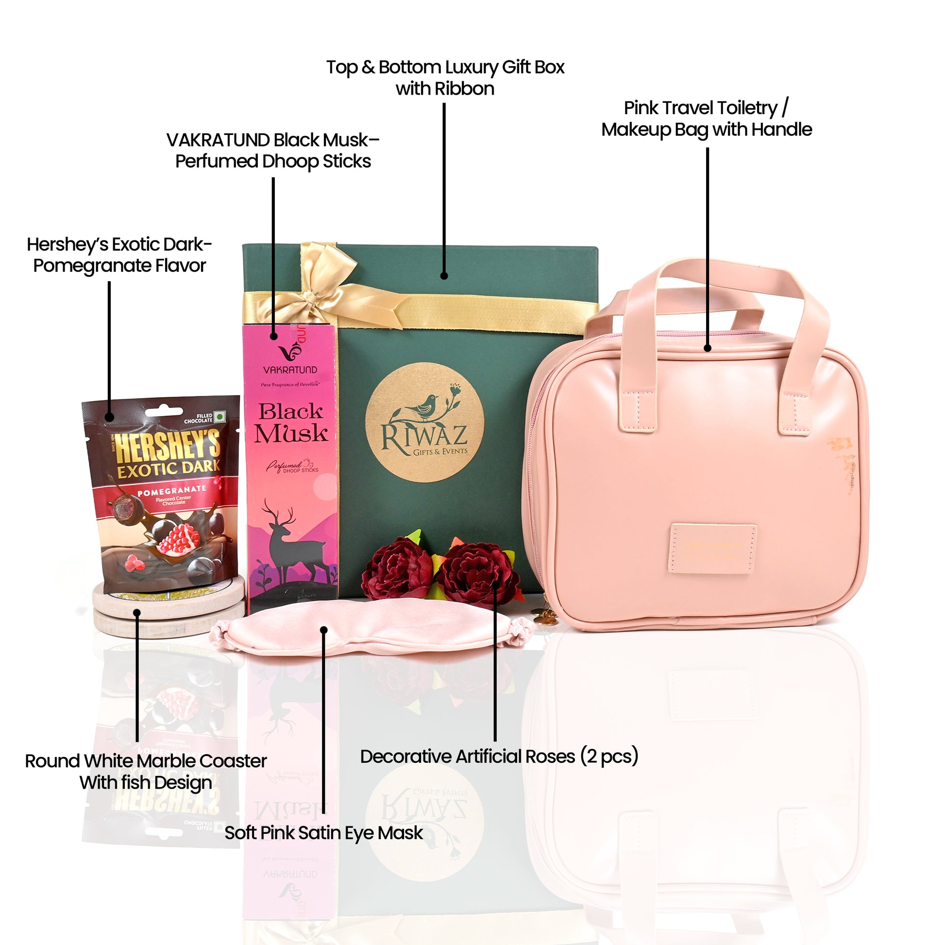 Riwaz Celebration Premium Gift Hamper for Women | Luxe Wellness & Pamper Box with Cosmetic Pouch, Gourmet Chocolate, Silk Eye Mask & Black Musk Dhoop Sticks | Perfect for Wedding, Birthday, Rakhi, Cooperate, Diwali & Festive Gifting