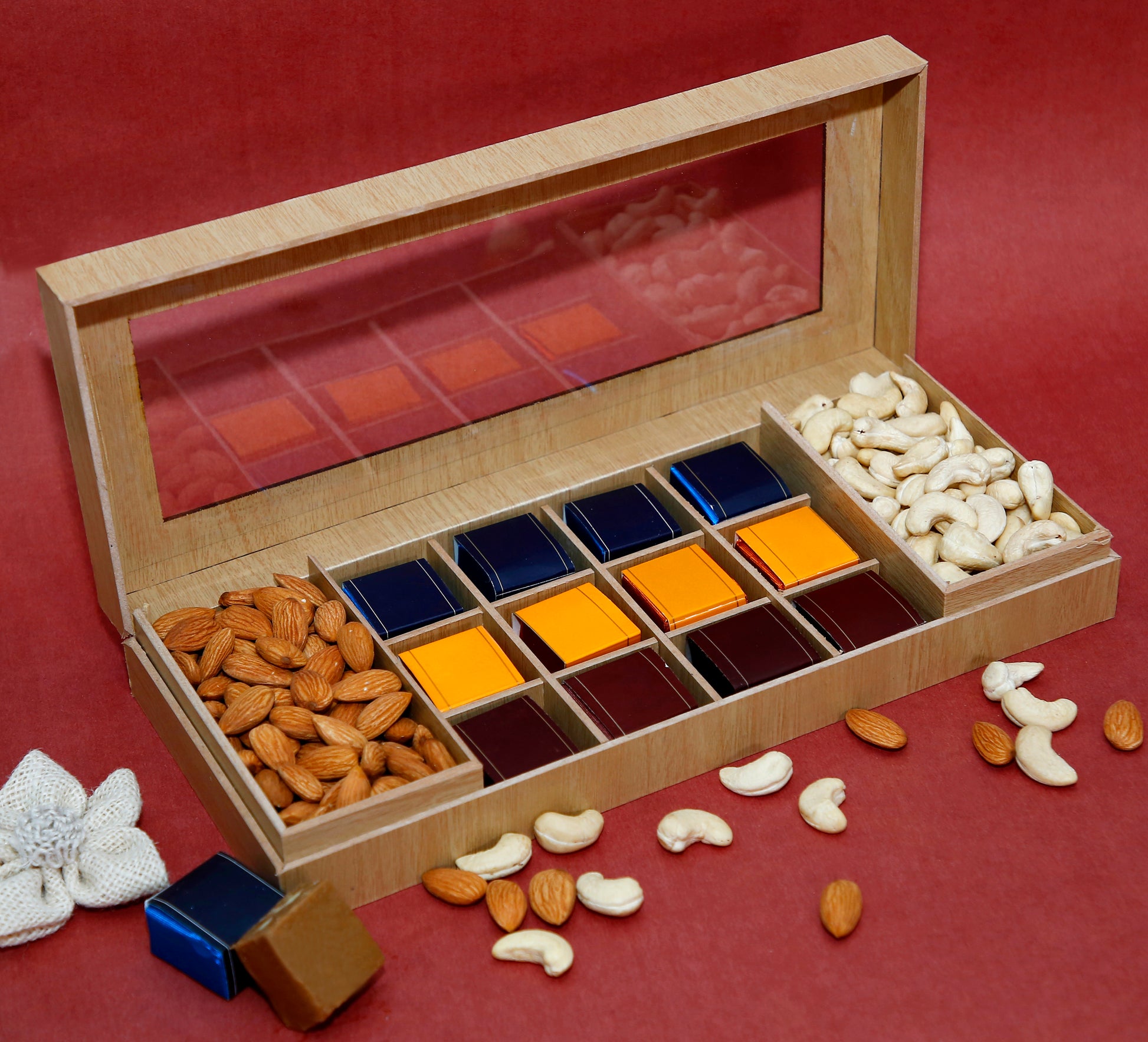 Riwaz Premium Wooden Gift Box | Luxurious Assortment of Almonds, Cashews & Gourmet Chocolates | Perfect Gift Hamper for Festivals, Weddings, Birthdays & Corporate Celebrations