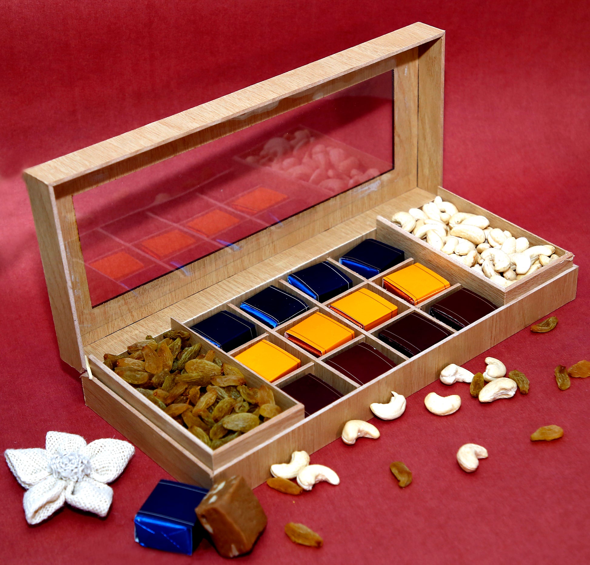 Riwaz Premium Wooden Gift Box | Luxurious Assortment of Almonds, Cashews & Gourmet Chocolates | Perfect Gift Hamper for Festivals, Weddings, Birthdays & Corporate Celebrations