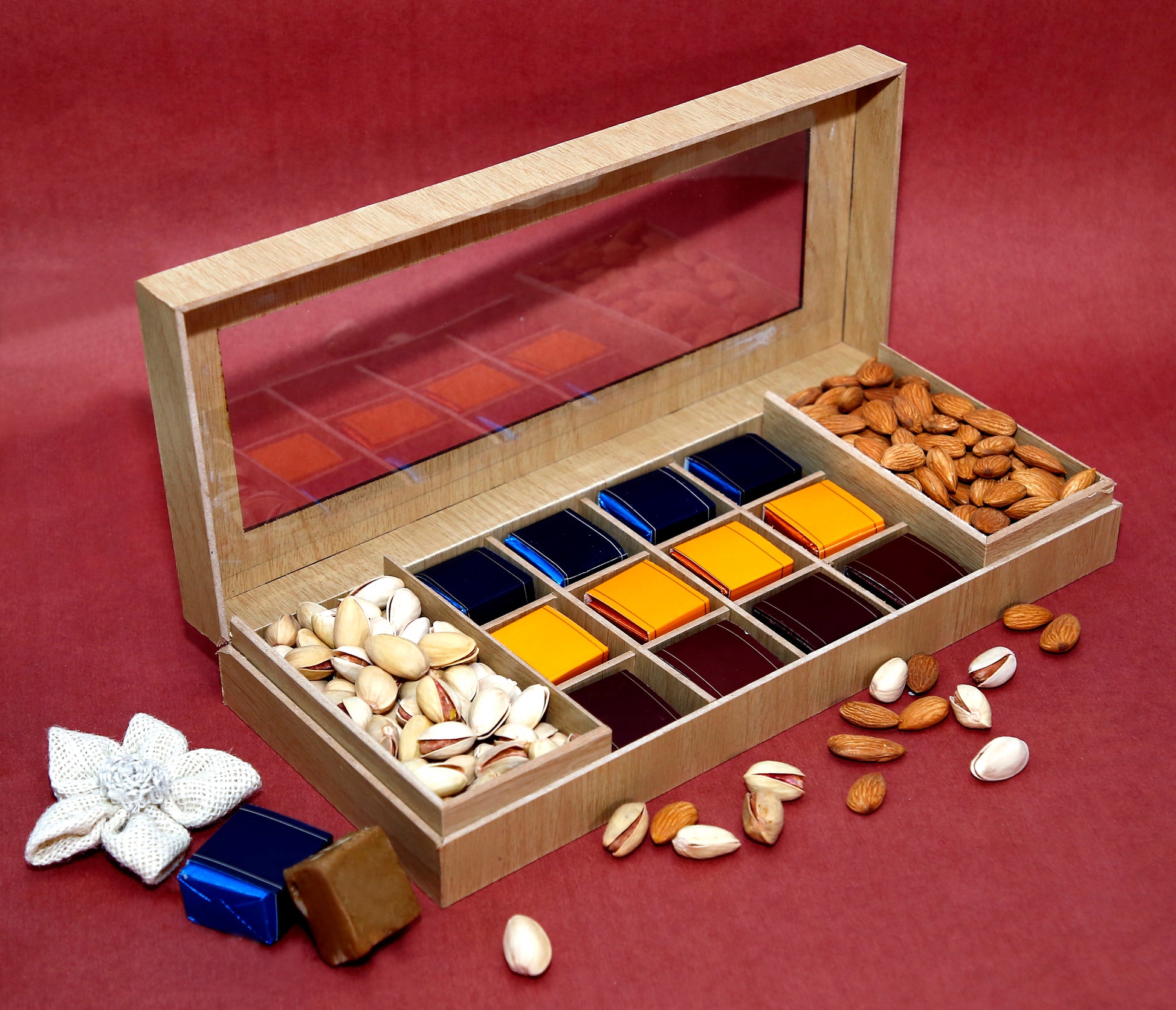 Riwaz Premium Wooden Gift Box | Luxurious Assortment of Almonds, Cashews & Gourmet Chocolates | Perfect Gift Hamper for Festivals, Weddings, Birthdays & Corporate Celebrations