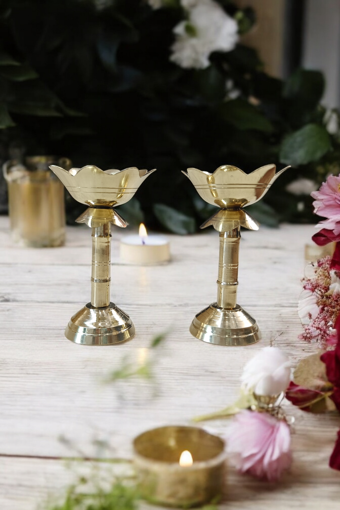 RIWAZ Pack of 2 Kamal Stand Brass Diyas | Traditional Oil Lamps for Puja, Diwali & Home Temple | Handcrafted Decorative Diya Set for Spiritual & Festive Use