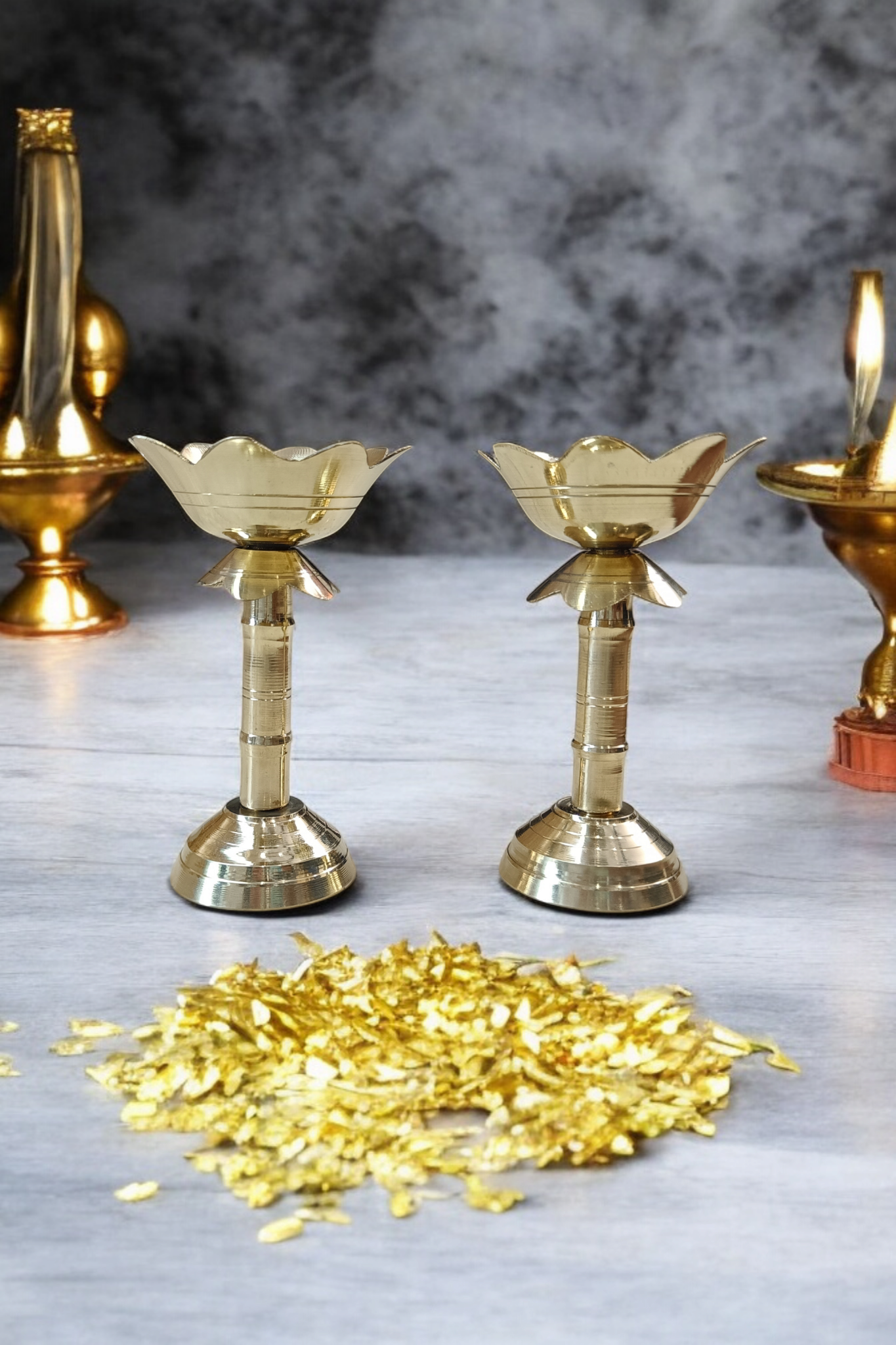 RIWAZ Pack of 2 Kamal Stand Brass Diyas | Traditional Oil Lamps for Puja, Diwali & Home Temple | Handcrafted Decorative Diya Set for Spiritual & Festive Use