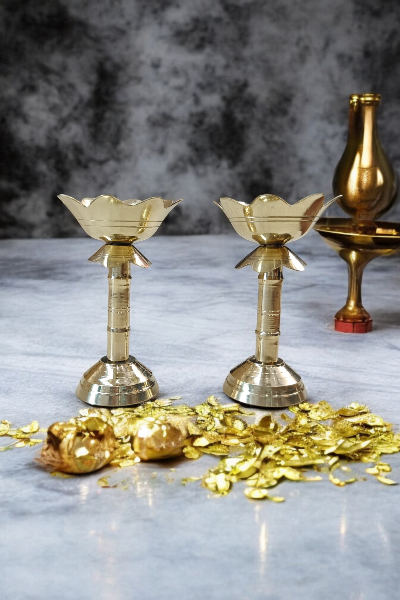 RIWAZ Pack of 2 Kamal Stand Brass Diyas | Traditional Oil Lamps for Puja, Diwali & Home Temple | Handcrafted Decorative Diya Set for Spiritual & Festive Use