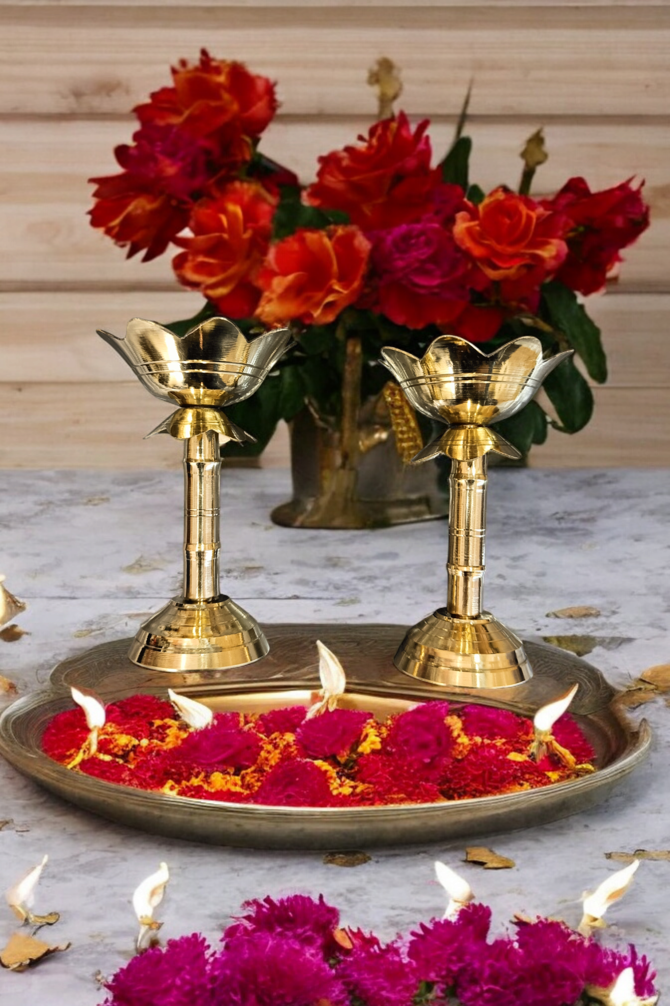 RIWAZ Pack of 2 Kamal Stand Brass Diyas | Traditional Oil Lamps for Puja, Diwali & Home Temple | Handcrafted Decorative Diya Set for Spiritual & Festive Use