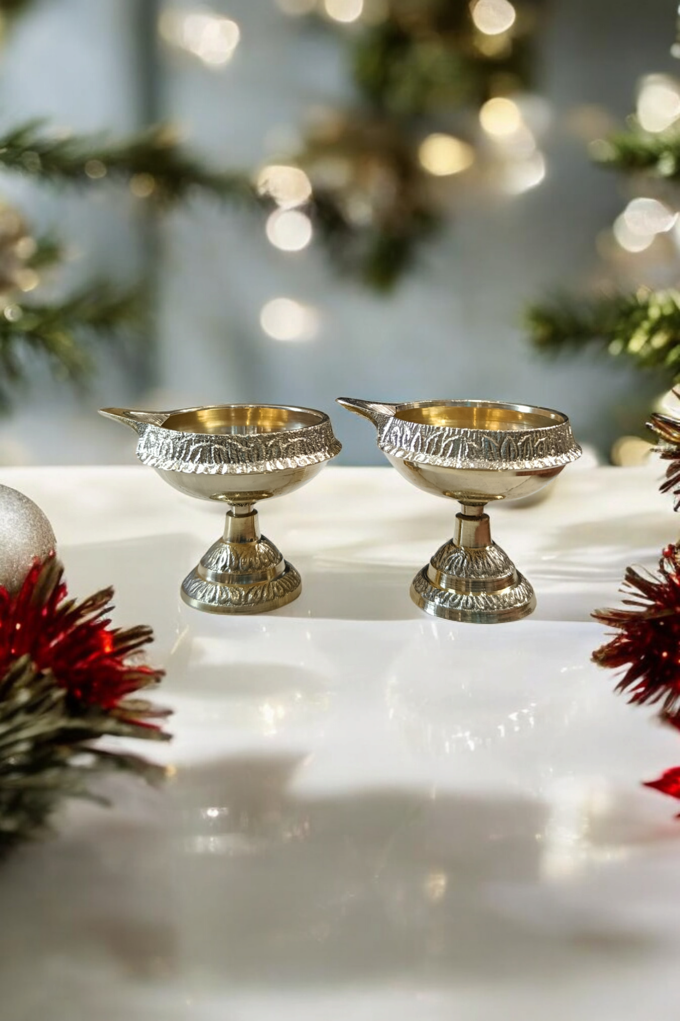 Brass Diya for Puja & Home Decor | Traditional Diya Stand Oil Lamp | Elegant Decorative Diya for Temple, Pooja & Diwali Gifting (Set of 2)