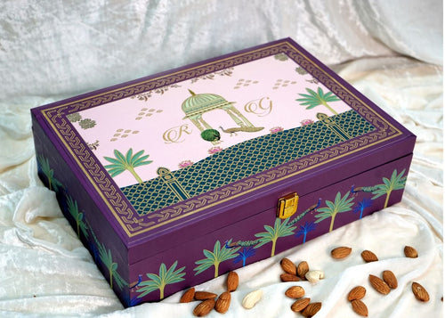 Riwaz Royal Mauve Peacock Gift Box | Handcrafted 4-Jar Dry Fruit & Invitation Hamper | Elegant Ganesha-Themed Premium Box for Weddings, Festivals & Corporate Gifting