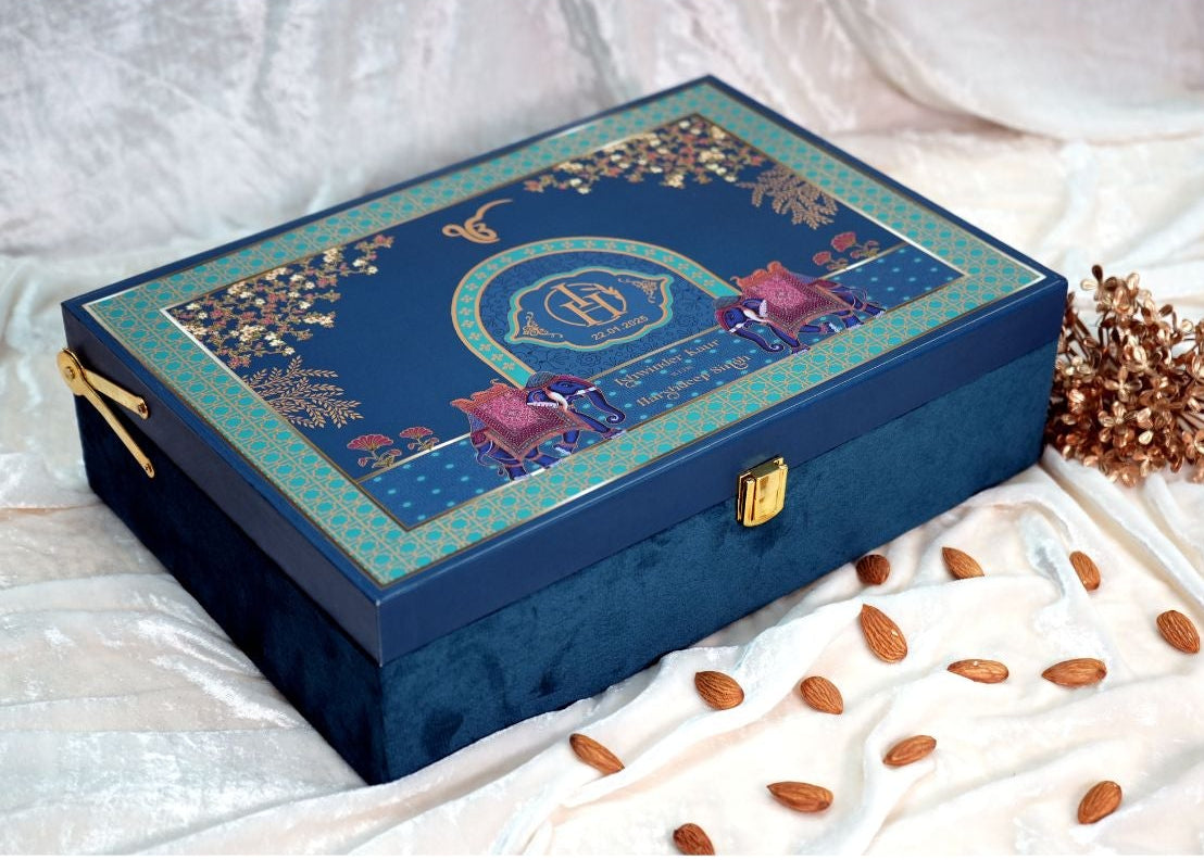 Riwaz Royal Blue Maharaja Gift Box | Designer 2-Section Luxury Dry Fruit Assortment of Almonds, Cashews, Pistachios & Raisins