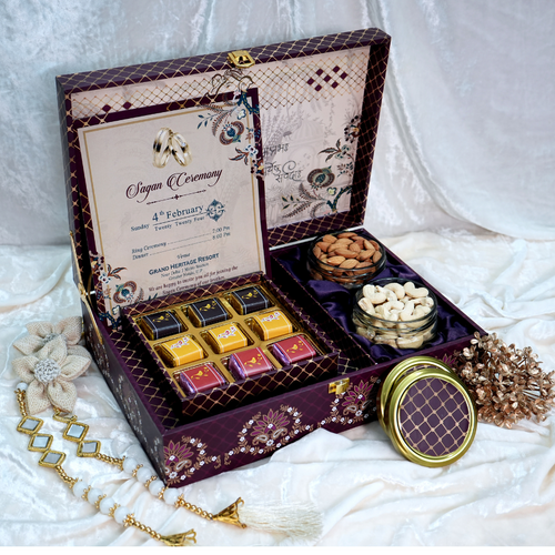 Shaahi Aagman Premium Purple & Gold Gift Box | Designer Assortment of Chocolates & Dry Fruits | The Perfect Wedding Invitation