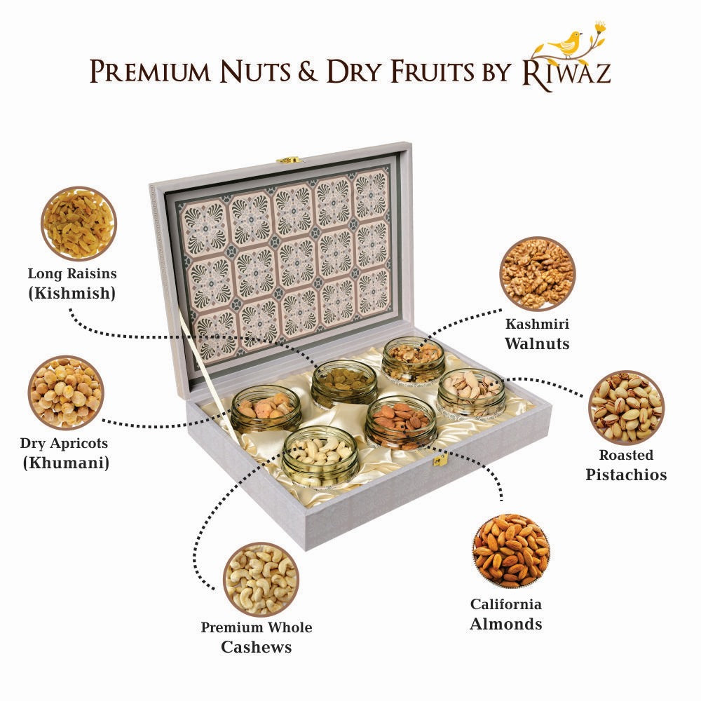 Riwaz Premium Square Design Dry Fruit Gift Box  | Premium 6-Jar Set | Almonds, Cashews, Pistachios , Walnuts , Figs & Raisins | Luxury Elegant & Reusable Gift Hamper | High Protein & Immunity Booster Assortment |