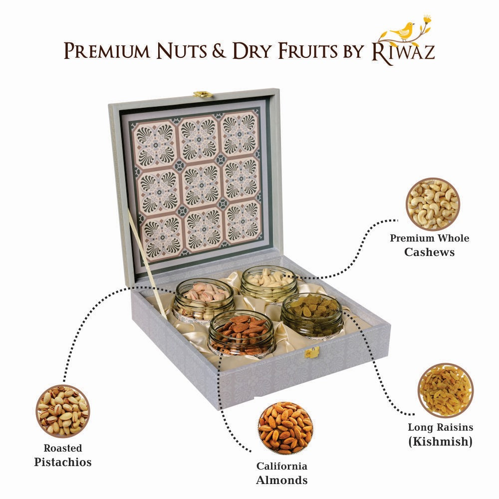 Riwaz Luxury Square Dry Fruits Gift Box |  Premium 4-Jar Set | Almonds, Cashews, Pistachios , Walnuts , Figs & Raisins| Luxury Elegant & Reusable Gift Hamper
