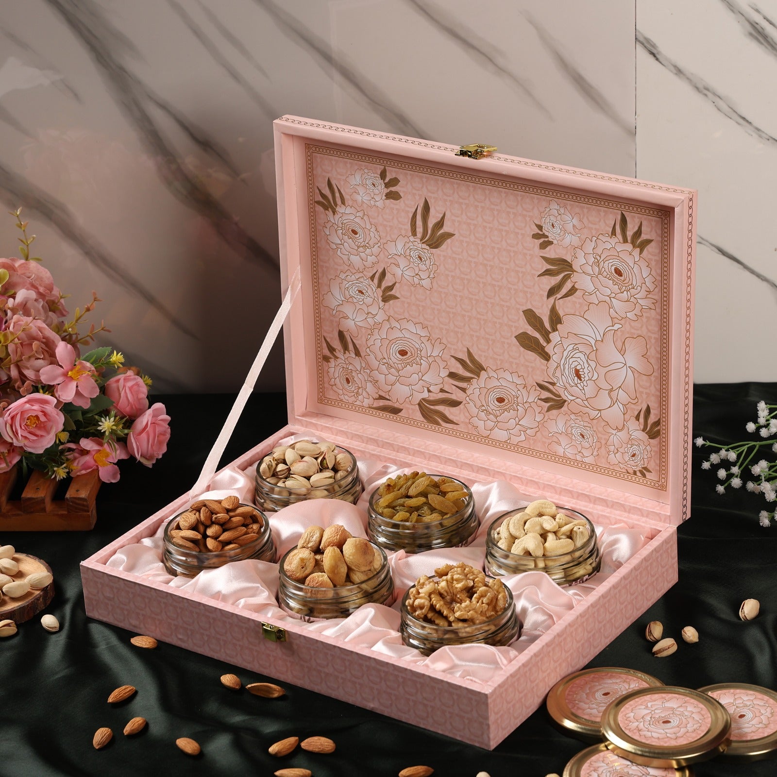 Riwaz Luxury Flower Genda Giftbox  | Premium 6-Jar Set | Almonds, Cashews, Pistachios , Walnuts , Figs & Raisins| Luxury Elegant & Reusable Gift Hamper | High Protein & Immunity Booster Assortment |