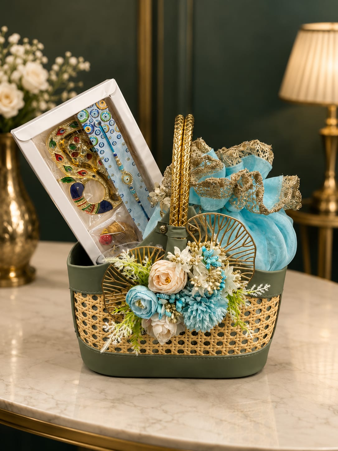 Luxury Green Faux Leather & Cane Basket Rakhi Gift Hamper