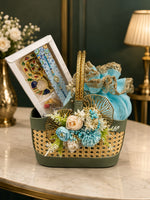Luxury Green Faux Leather & Cane Basket Rakhi Gift Hamper