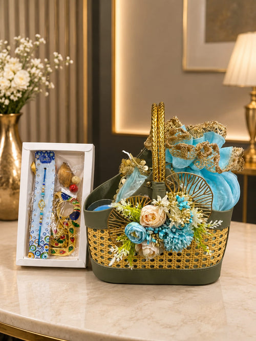 Luxury Green Faux Leather & Cane Basket Rakhi Gift Hamper