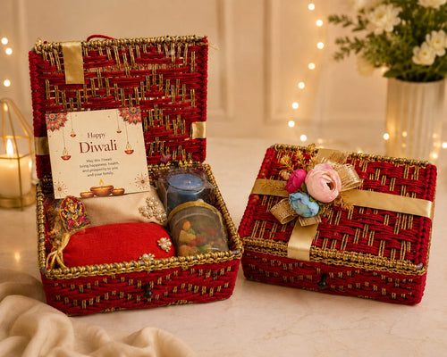 Handcrafted Red & Gold Woven Rakhi Gift Hamper Basket | Premium Festive Gift Box