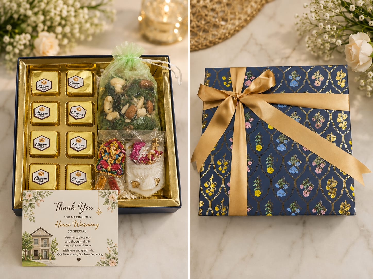 Royal Blue Floral Sweet Box with Golden Ribbon | Premium Rakhi & Festive Gift Hamper