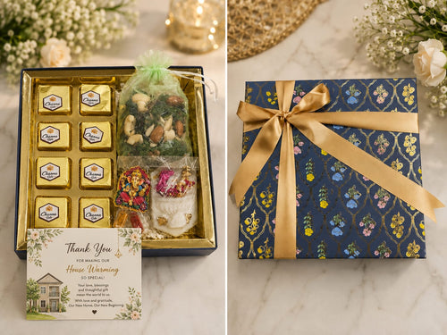 Royal Blue Floral Sweet Box with Golden Ribbon | Premium Rakhi & Festive Gift Hamper