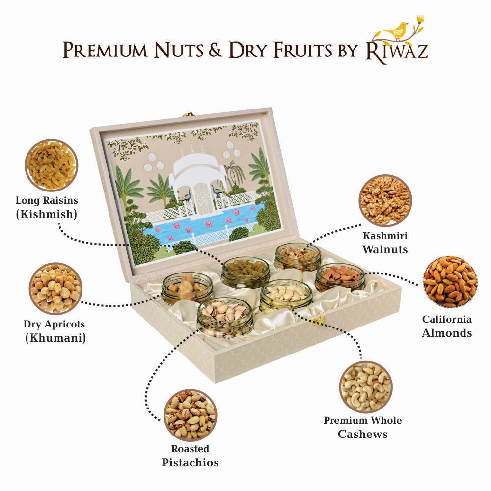 Riwaz Premium Heritage Dry Fruit Gift Box with 6 Premium Jars – Almonds, Cashews, Pistachios, Apricots, Raisins & Walnuts | Royal Mughal Garden Theme