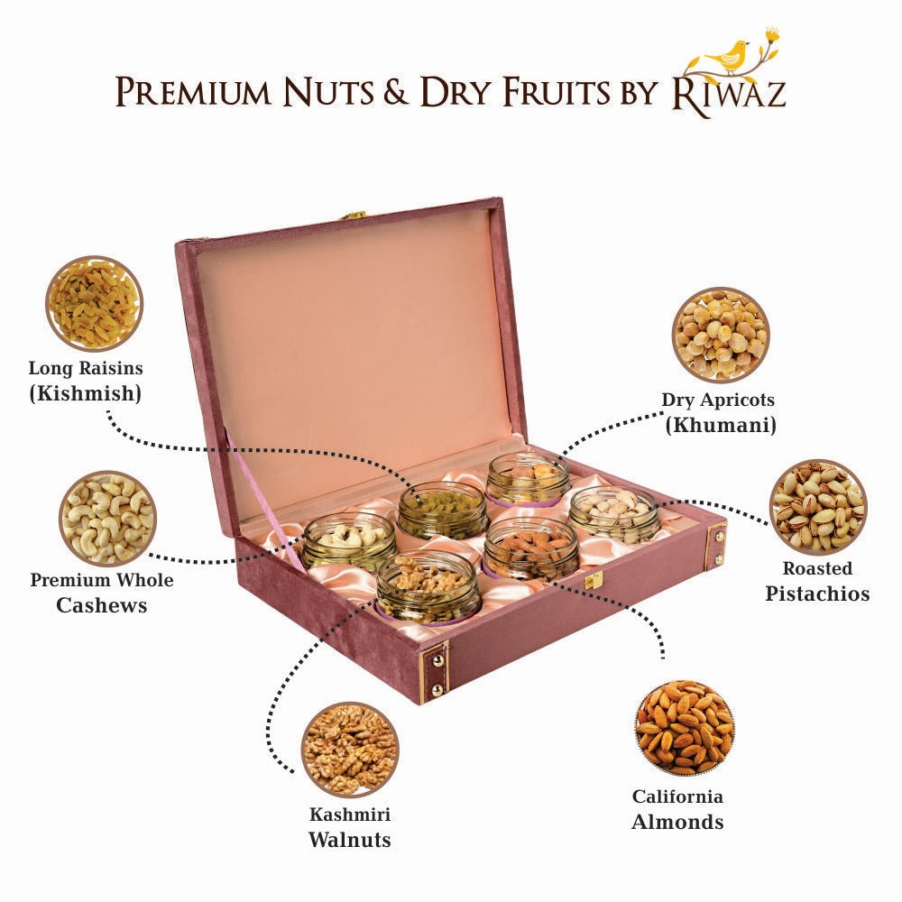 Riwaz Pink Suede Dry Fruit box  | Premium 6-Jar Set | Almonds, Cashews, Pistachios , Walnuts , Figs & Raisins| Luxury Elegant & Reusable Gift Hamper