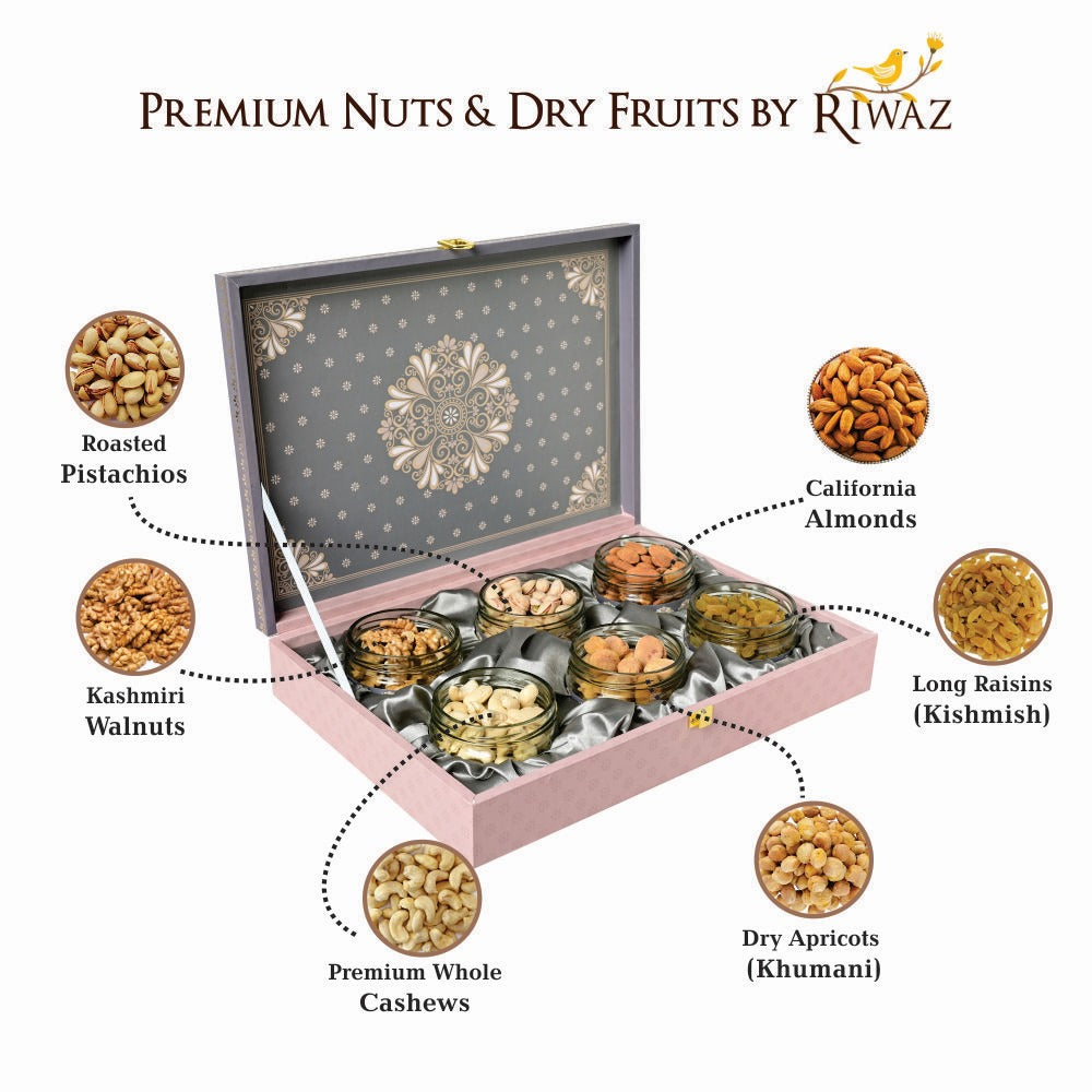 Premium Riwaz Matt Finish Natural Dry Fruit Box | Premium 6-Jar Set | Almonds, Cashews, Pistachios , Walnuts , Figs & Raisins| Luxury Elegant & Reusable Gift Hamper