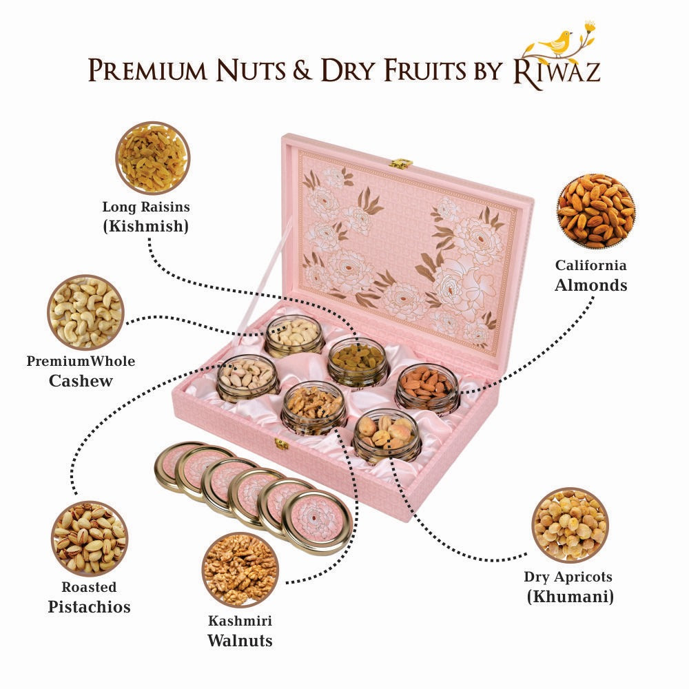 Riwaz Luxury Flower Genda Giftbox  | Premium 6-Jar Set | Almonds, Cashews, Pistachios , Walnuts , Figs & Raisins| Luxury Elegant & Reusable Gift Hamper | High Protein & Immunity Booster Assortment |