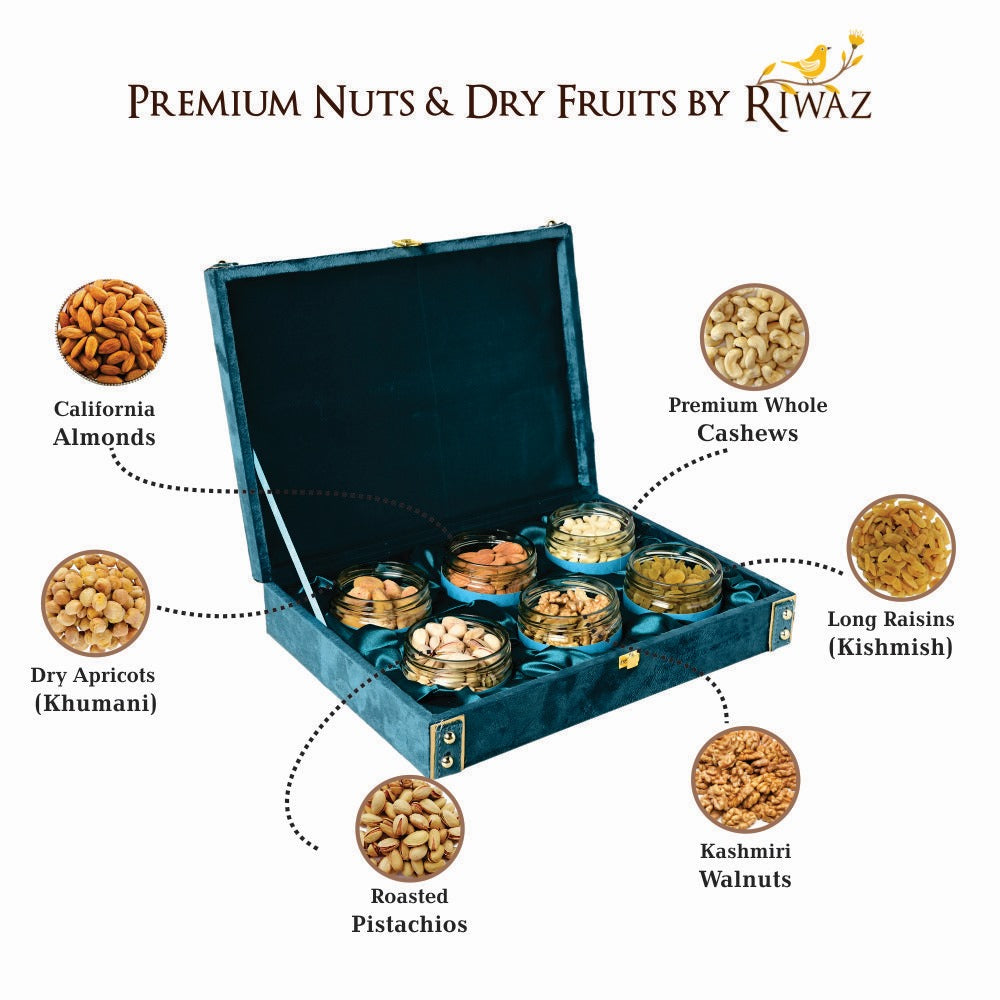 Riwaz Heritage Luxury Blue Velvet Dry Fruit Gift Box  | Premium 6-Jar Set | Almonds, Cashews, Pistachios , Walnuts , Figs & Raisins| Luxury Elegant & Reusable Gift Hamper | High Protein & Immunity Booster Assortment |
